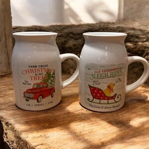 DDJ Christmas Mugs 14 oz. Set of 2 Milk Jug Shaped Dog Truck Sleigh